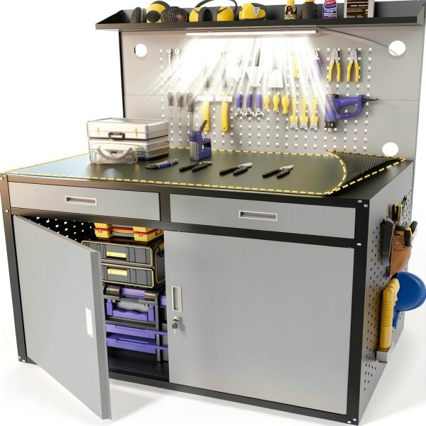 48" Work Bench Eltean Heavy Duty 2200lb with Drawers, Light & Pegboard-0